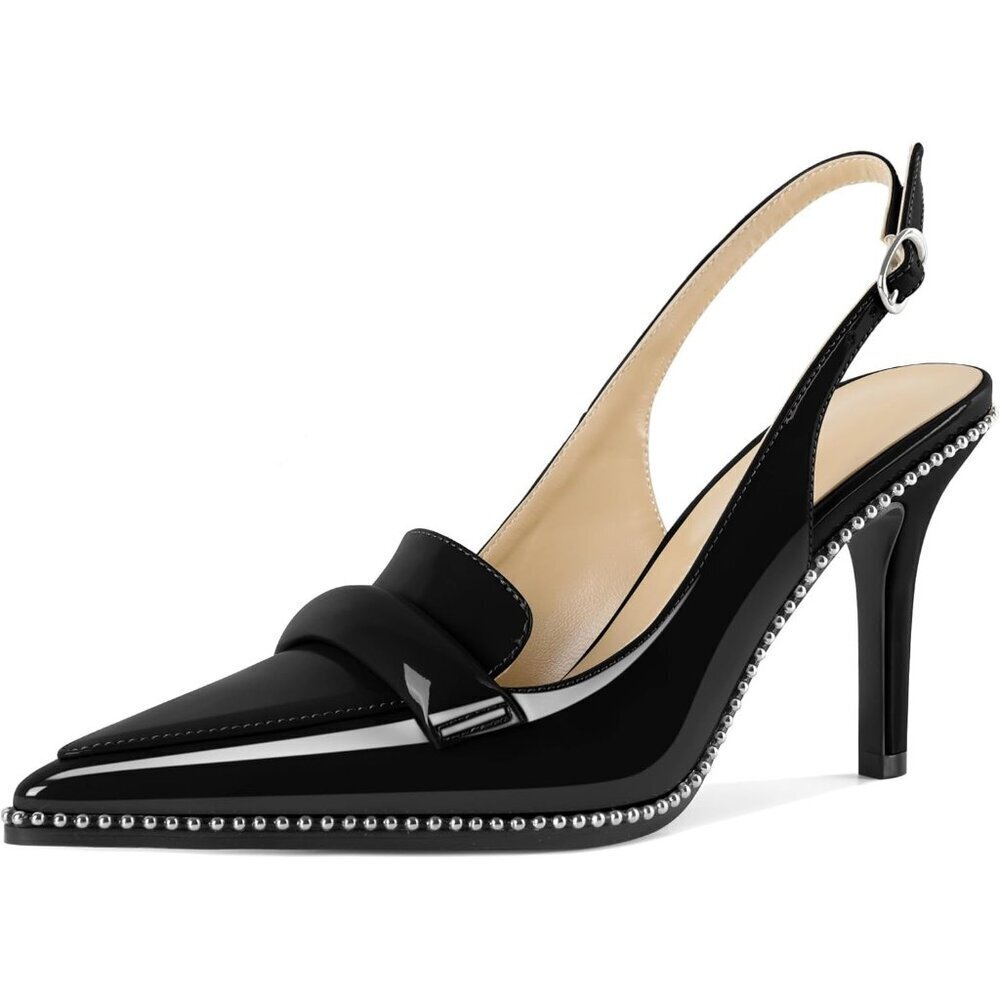 Women Black Stiletto Beaded Pointed Toe Shoes Slip On Loafers Slingback Heels